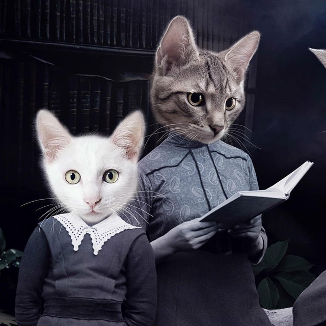 Surrealism Moonlight's Tale by Marcin and Kate Owczarek | Digital Art of anthropomorphized cats in a moonlit scene For Sale - Image 3 of 5