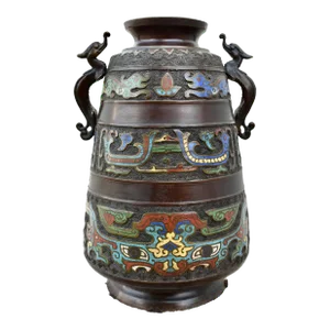 Antique Japanese Shaped Vase Bronze & Champleve Enamel Base