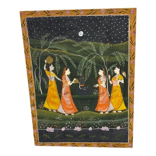 1900s Hand Painted Indian Landscape Artwork With Floral Border For Sale