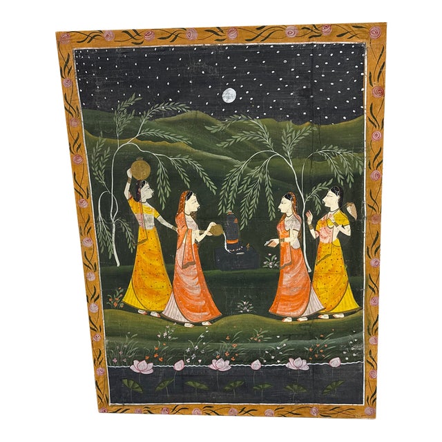 1900s Hand Painted Indian Landscape Artwork With Floral Border For Sale