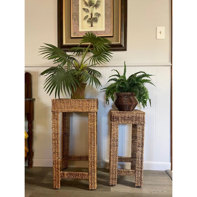 Vintage Woven Wicker Seagrass Plant Stands / Stools - a Pair For Sale - Image 12 of 12