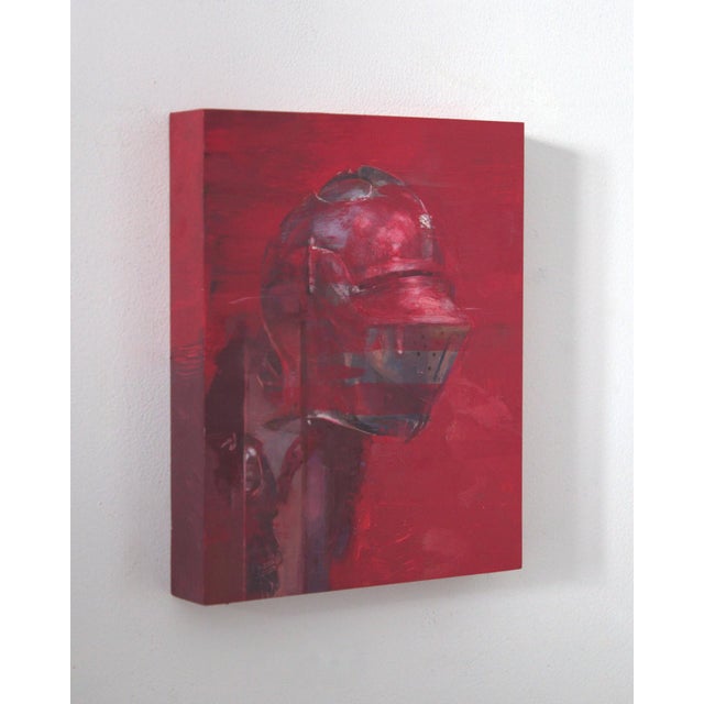 Contemporary That Head Is Taken by Elena Burykina | Oil on panel Red helmet against a solid red background. For Sale - Image 3 of 5