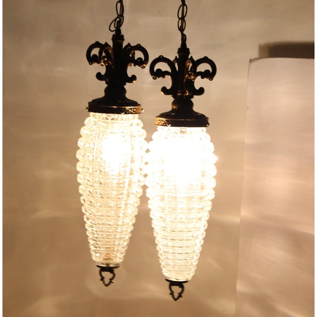 1960s Double Swag Lamps With Large Pineapple Glass Shades For Sale - Image 9 of 10