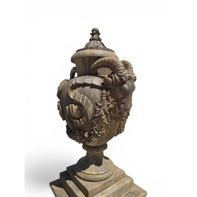 Architectural Stone Urns with Ram Heads, Italy, 1940s, Set of 2 For Sale - Image 10 of 12