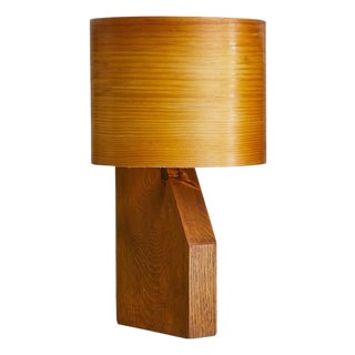 French Wooden Table Lamp with Veneer Shade, 1960s For Sale