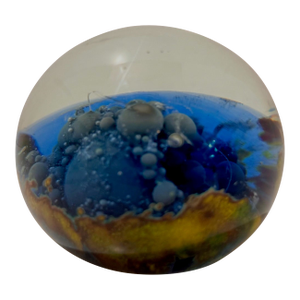 Mid 20th Century Signed Milropa Studio Art Glass Paperweight – Handblown Globe Form With Bubbles, Earth Tones & Blue Core, 2.5”
