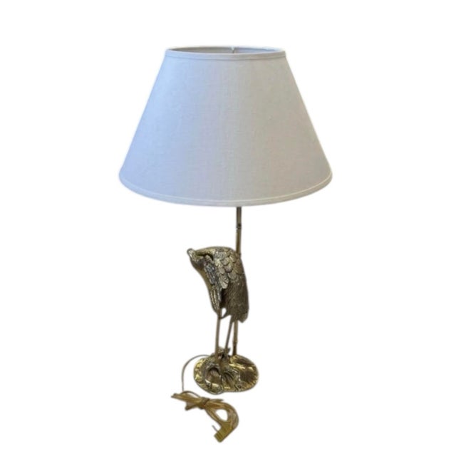 Vintage Hollywood Regency Brass Crane & Faux Bamboo Table Lamp For Sale In West Palm - Image 6 of 12