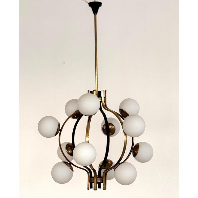 Mid-Century Italian Brass and Opaline Glass Chandelier from Stilnovo, 1950s For Sale - Image 9 of 18