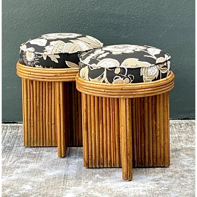Vintage Schumacher Pencil Reed Upholstered Stools - Pair For Sale - Image 12 of 12