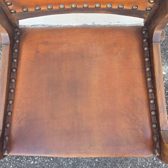 Early 20th Century English Gothic Arts & Crafts Wood and Leather Arm Chair For Sale - Image 12 of 12