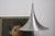 Brushed aluminum trumpet pendant lamp with a dramatic almost half-metre flared tulip silhouette, strong mid-century Space...