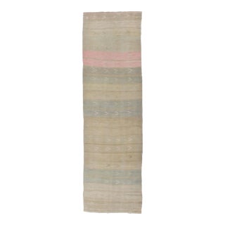 Mid 20th Century Vintage Kilim Runner With Stripes and Geometric Tribal Motifs in Light Tones For Sale
