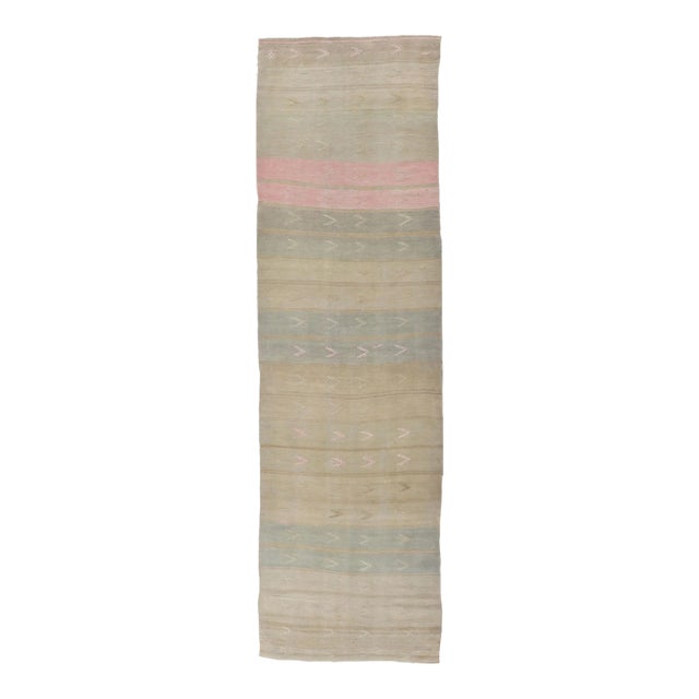 Mid 20th Century Vintage Kilim Runner With Stripes and Geometric Tribal Motifs in Light Tones For Sale