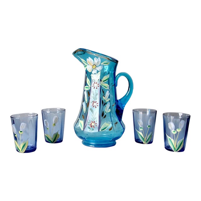 Antique Blue Hand-Painted Glass Pitcher and Tumbler Set For Sale