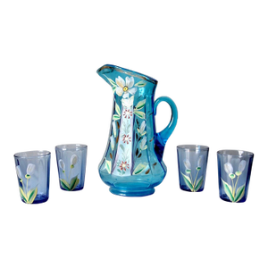 Antique Blue Hand-Painted Glass Pitcher and Tumbler Set