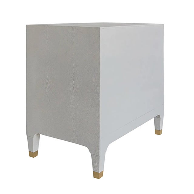 Contemporary Matthew Izzo Home Amber Light Gray Shagreen Three Drawer Side Table With Acrylic and Antique Brass Drawer Pulls For Sale - Image 3 of 7