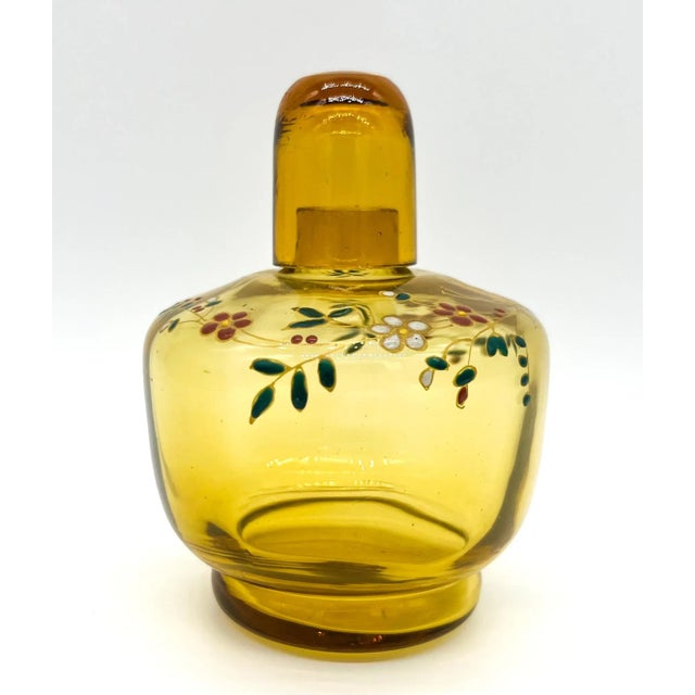 French Antique French Floral Enameled Amber Glass Lamp Jar For Sale - Image 3 of 9