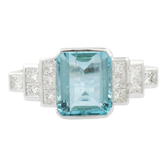French Modern 5.79 Carats Aquamarine and Diamond Ring Size 7 For Sale