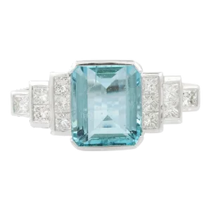 French Modern 5.79 Carats Aquamarine and Diamond Ring Size 7