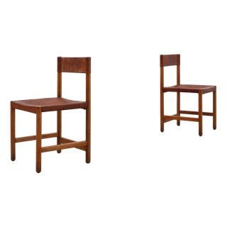 Spanish Wood and Leather Chairs attributed to Jordi Vilanova, 1960s, Set of 2 For Sale