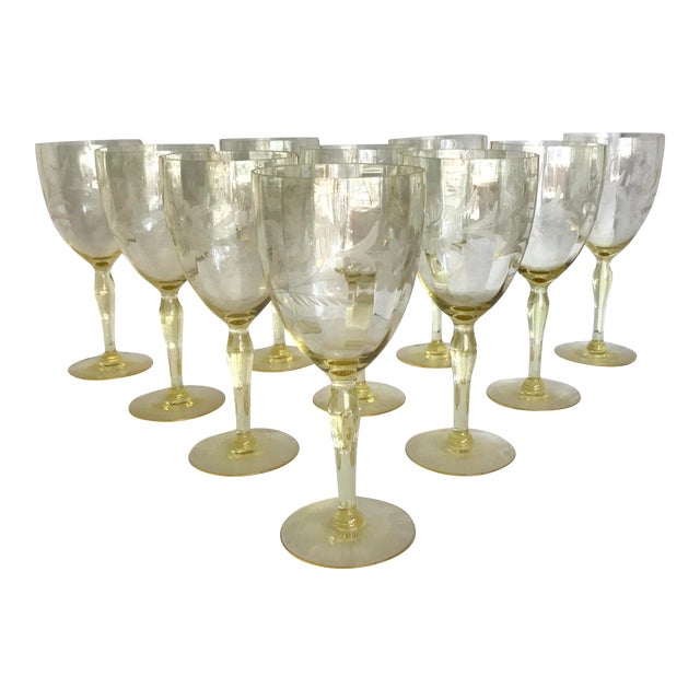 1930's Set of 10 Depression Era Etched Yellow Goblet Glasses Chairish
