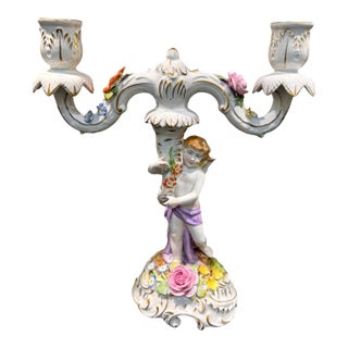 Antique Von Schierholz Germany Hand Painted Porcelain Cherub 2-Light Candelabra For Sale
