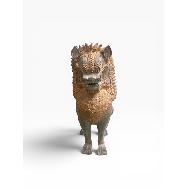 Metal Vintage Thai Bronze Singha Guardian Lion Sculpture With Gilt Accents & Verdigris Patina, 16”h For Sale - Image 7 of 14