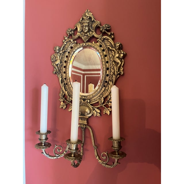 Antique 19thc Ornate Baroque Brass Cherub Goddess Wall Mirror 3 Arm Candelabra For Sale - Image 12 of 12