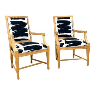 1990s Black & White Print Carved Wood Armchairs - A Pair For Sale