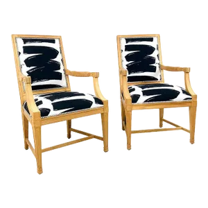 1990s Black & White Print Carved Wood Armchairs - A Pair