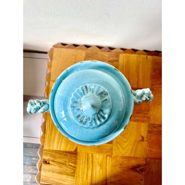 Italian Vintage, Italian Blue Distressed Urn With Lid For Sale - Image 3 of 6