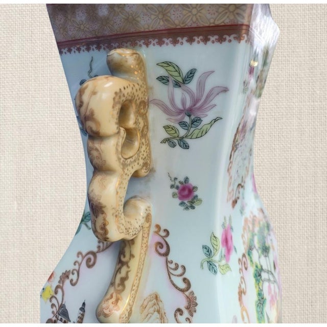 Chinoiserie Monumental Vintage Chinoiserie Dalmatian English Country Side Pale Blue Table Lamp Pleated Shade For Sale - Image 3 of 11