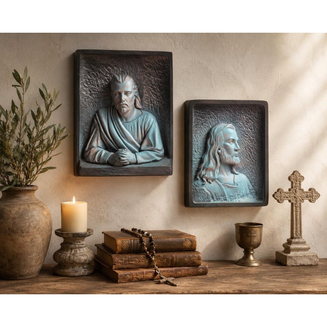 Bring sculptural depth and serene spirituality to your interior with this striking pair of vintage three-dimensional...