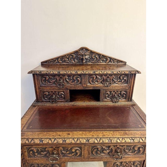 Late 19th Century Antique Victorian Carved Oak Writing Desk, 1880s For Sale - Image 5 of 7