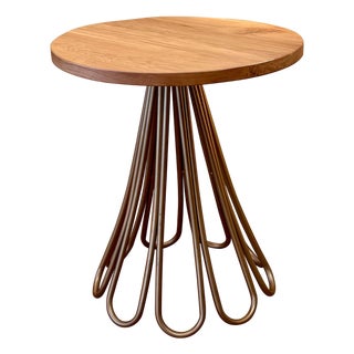 New Metal Fleur Side Table with Oak Wood Top Indoor and Outdoor For Sale