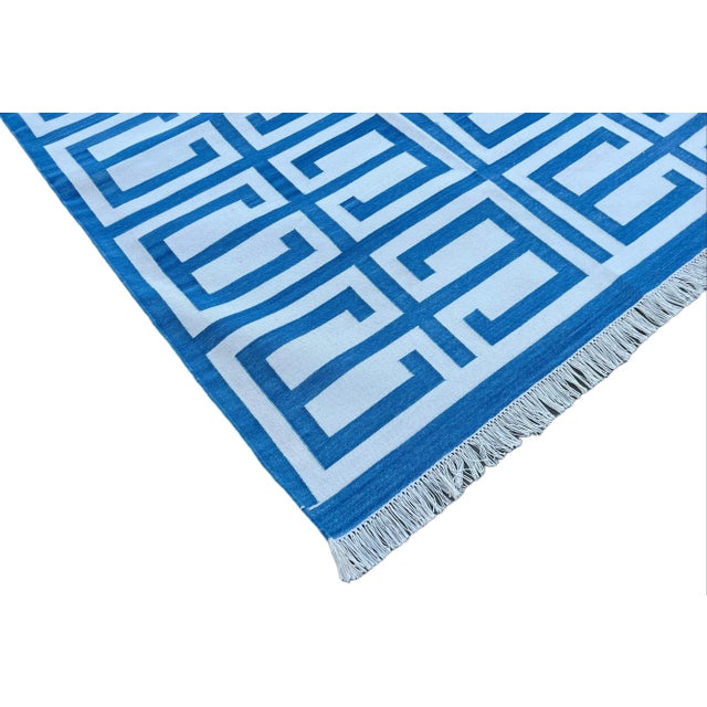 Not Yet Made - Made To Order Not Yet Made - Made To Order Handmade Cotton Natural Vegetable Dyed Sky Blue and White Geometric Pattern Rug - 6'x9' For Sale - Image 5 of 11