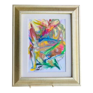 2020s Abstract Original French Oil Pastels on Paper Drawing, Framed, Signed