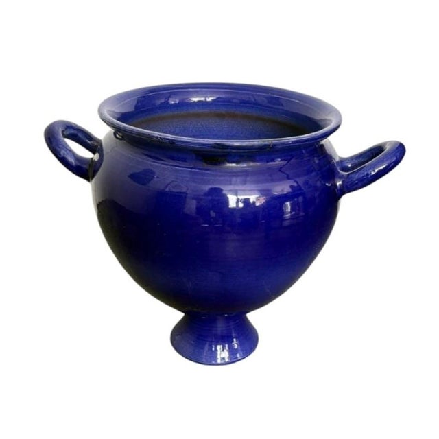 Coastal Vintage Cobalt Blue Glazed Glazed Ceramic Urn-Form Vase With Loop Handles For Sale - Image 3 of 12