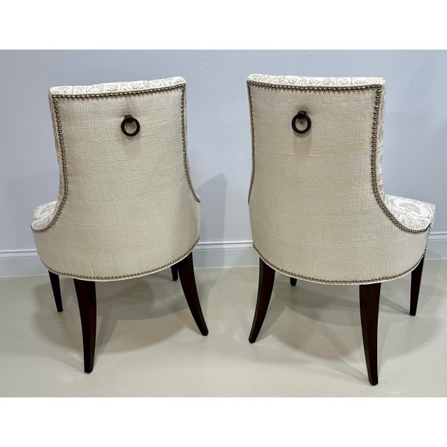 Baker Furniture Company Baker Furniture Thomas Pheasant Upholstered Side Chairs – Newly Reupholstered in Screen-Printed Linen With Rubelli Back (Pair) For Sale - Image 4 of 11