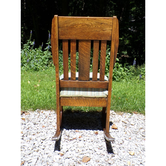 Antique Arts & Crafts Art Nouveau Mission Solid Oak Rocker Rocking Chair For Sale - Image 12 of 17