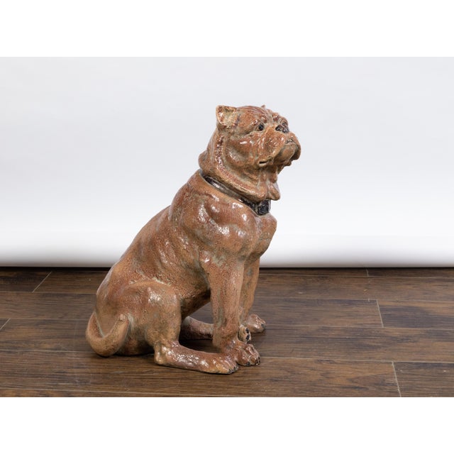 Mid-Century Modern Vintage English Midcentury Sitting Bulldog Pottery Statue with Black Collar For Sale - Image 3 of 10
