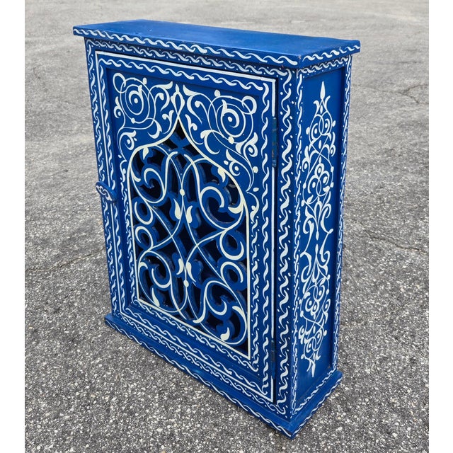 Moroccan Hand Painted Mediterranean Medicine Cabinet / Wall Shelf / Navy Blue and White Zouak For Sale - Image 3 of 7