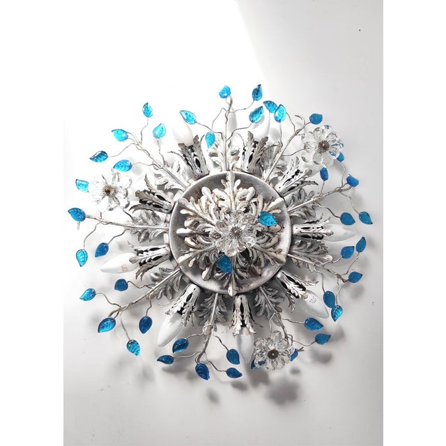 Blue Large Vintage Ceiling Light in Silver-Plated Iron and Blue Glass Leaves from Banci Firenze, 1980s For Sale - Image 8 of 11
