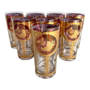 Vintage 22k Gold & Cranberry Highball Collins Glasses Cera Hollywood Regency Fruit Tumblers- Set of 8