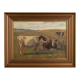 Original Oil on Canvas Painting of Cows in Pasture Signed Poul Steffensen, Denmark For Sale