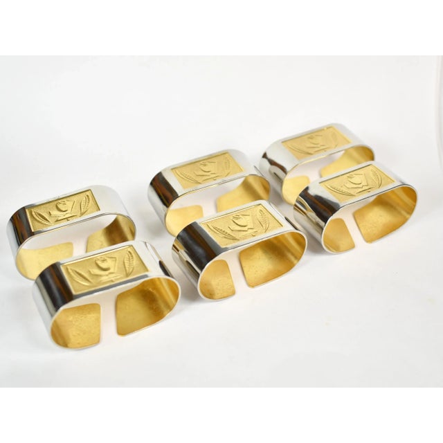 Gold Mid Century Metal Gold and Silver Napkin Rings With Rose Flower Design- Set of 6 For Sale - Image 8 of 8