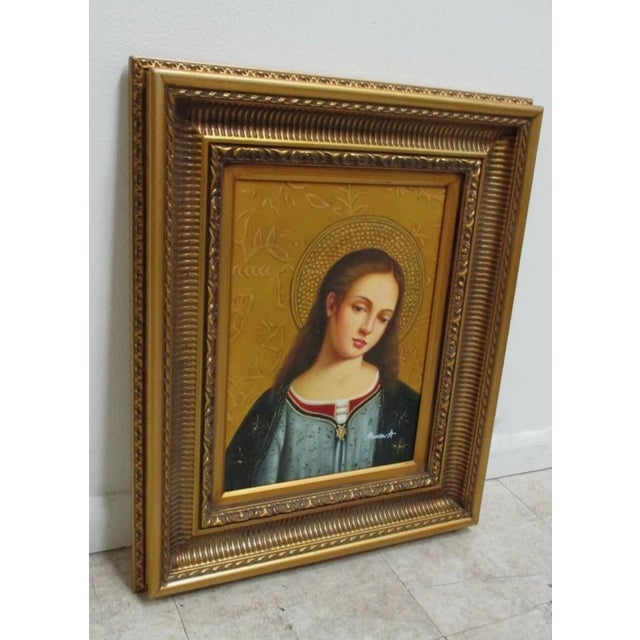 1980s 1980s Small Gold Gilt Carved Framed Religious Woman Bust Oil Painting For Sale - Image 5 of 11
