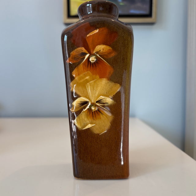 Beautiful vintage condition Owens pottery vase with hand painted pansies.