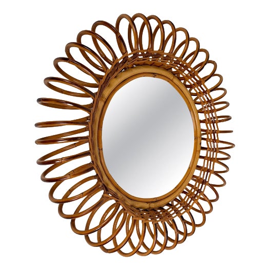 Mid-Century Modern Italian Sunburst Mirror in Rattan, Bamboo and Cane, 1960s For Sale