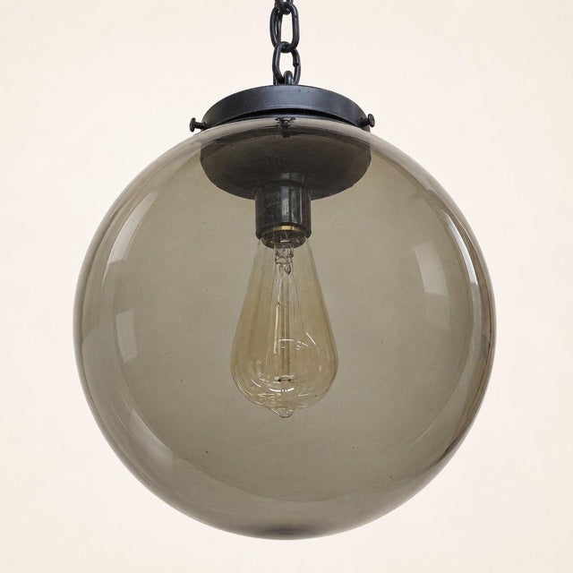 Metal 1970s Mid Century Modern Smoked Glass Globe Pendant Light, Black Metal, Ceiling Fixture For Sale - Image 7 of 13